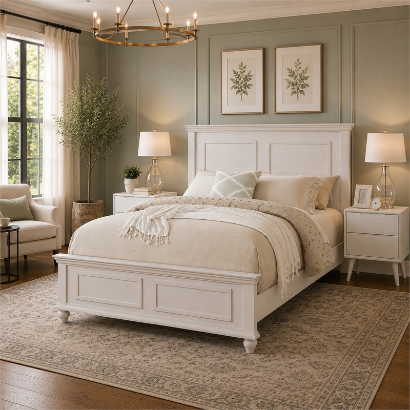 King Bedroom Set- White Wood- 3 Piece Set with 2 Nightstands