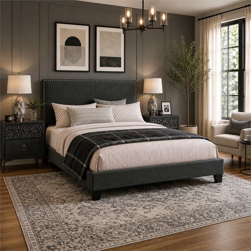 King Bedroom Set- Espresso Brown- Black Wood-3 Piece Set with 2 Nightstand