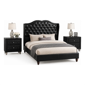 King Bedroom Set- Black Wood- 3 Piece Set with 2 Nightstands