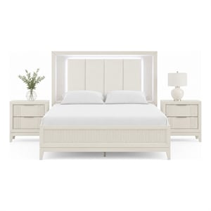 Queen Bedroom Set- White- Chrome Wood- 3 Piece Set with 2 Nightstands