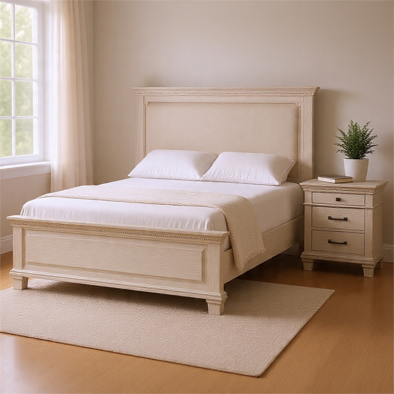 Queen Bedroom Set- Gray- Cream Wood- 2 Piece Set with Nightstand
