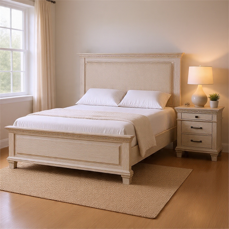 Queen Bedroom Set- Gray- Cream Wood- 2 Piece Set with Nightstand