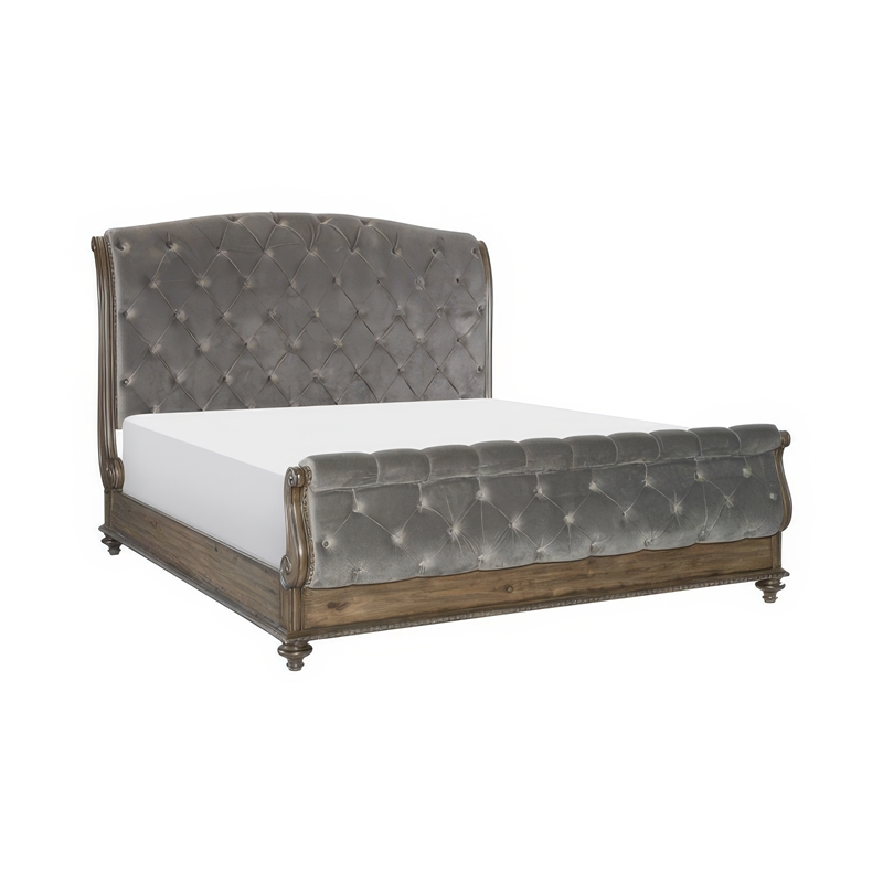 Queen Bedroom Set- Gray- Brown Wood- 2 Piece Set with Nightstand