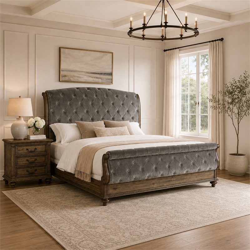 Queen Bedroom Set- Gray- Brown Wood- 2 Piece Set with Nightstand