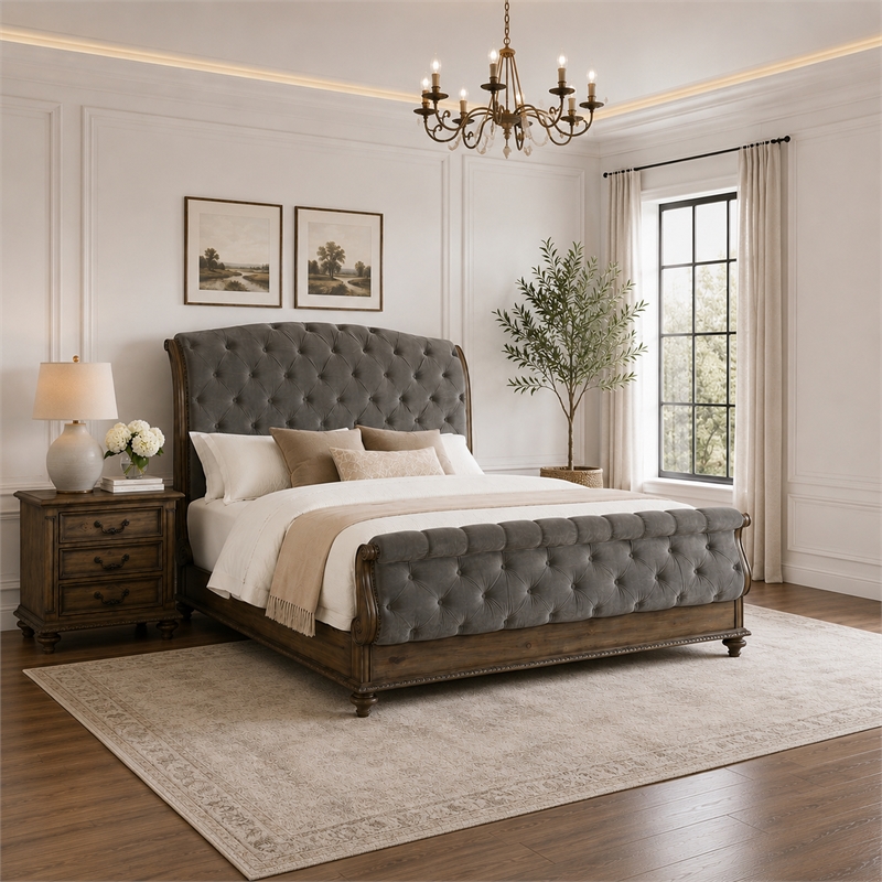 Queen Bedroom Set- Gray- Brown Wood- 2 Piece Set with Nightstand