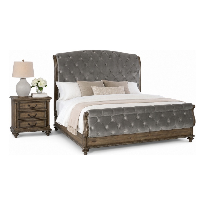 Queen Bedroom Set- Gray- Brown Wood- 2 Piece Set with Nightstand