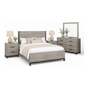 Queen Bedroom Set- Gray Wood- 5 Piece Set with 2 Nightstands- Dresser- Mirror