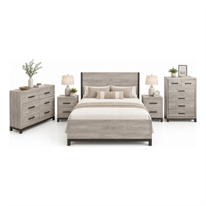 Queen Bedroom Set- Gray Wood- 5 Piece Set with 2 Nightstands- Dresser- and Chest
