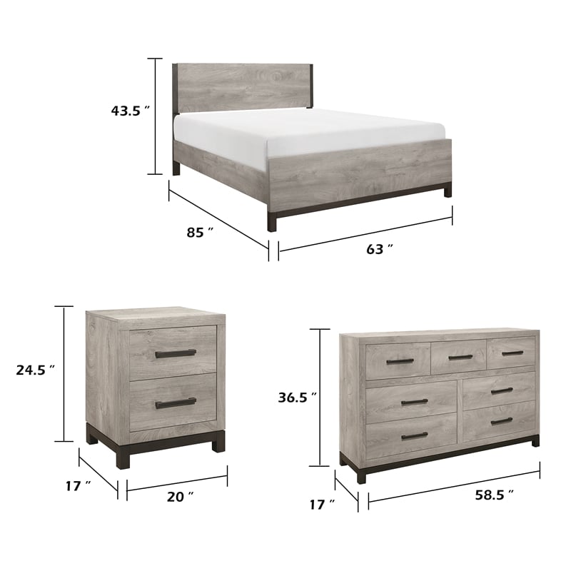 Queen Bedroom Set- Gray Wood- 4 Piece Set with 2 Nightstands and Dresser