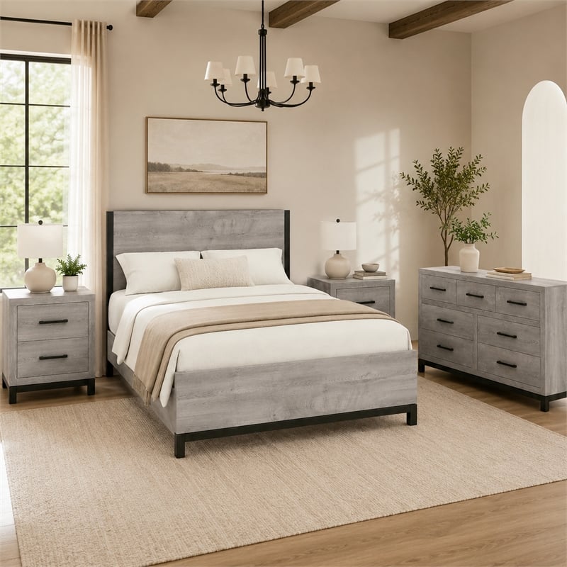 Queen Bedroom Set- Gray Wood- 4 Piece Set with 2 Nightstands and Dresser