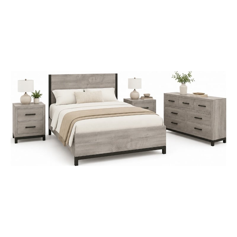 Queen Bedroom Set- Gray Wood- 4 Piece Set with 2 Nightstands and Dresser