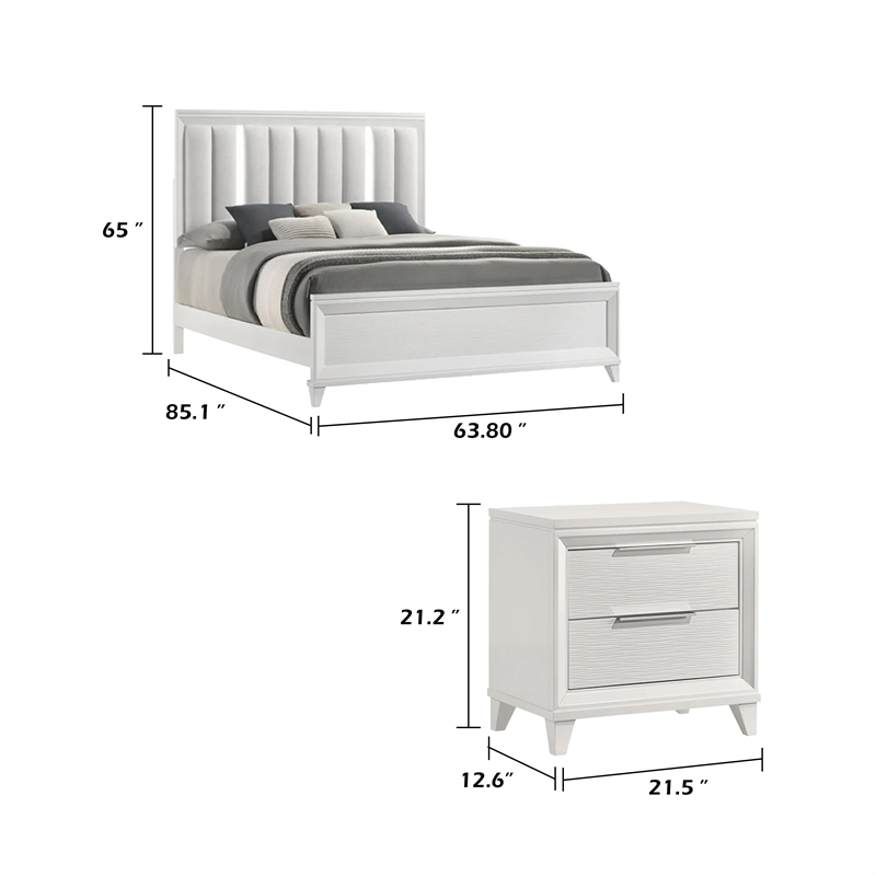 Queen Bedroom Set- White- Silver Wood- 2 Piece Set with Nightstand