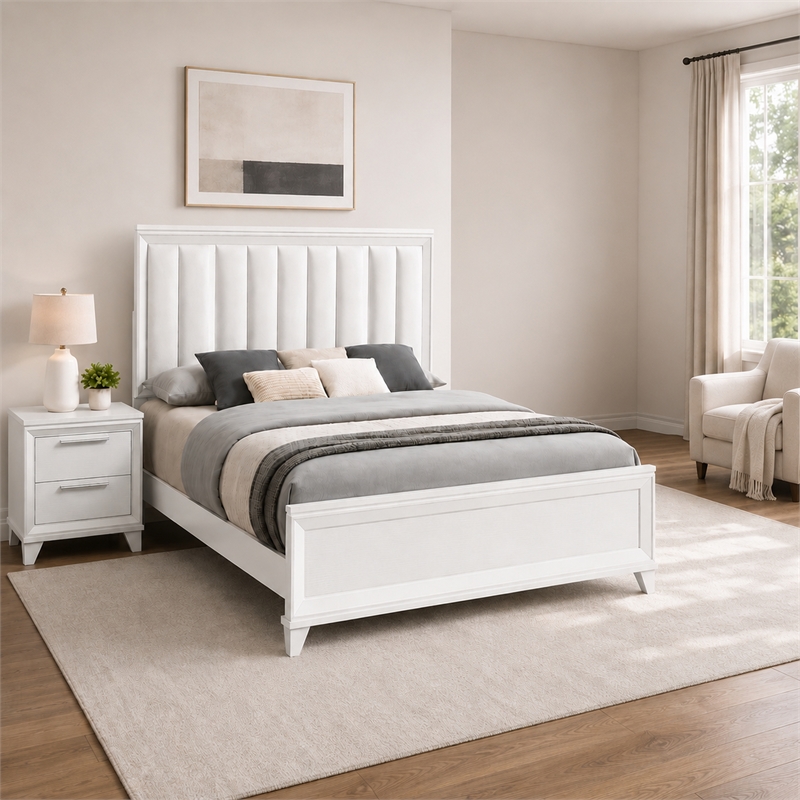 Queen Bedroom Set- White- Silver Wood- 2 Piece Set with Nightstand