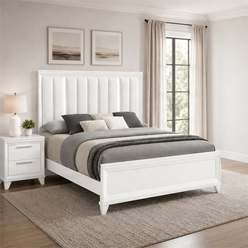 Queen Bedroom Set- White- Silver Wood- 2 Piece Set with Nightstand