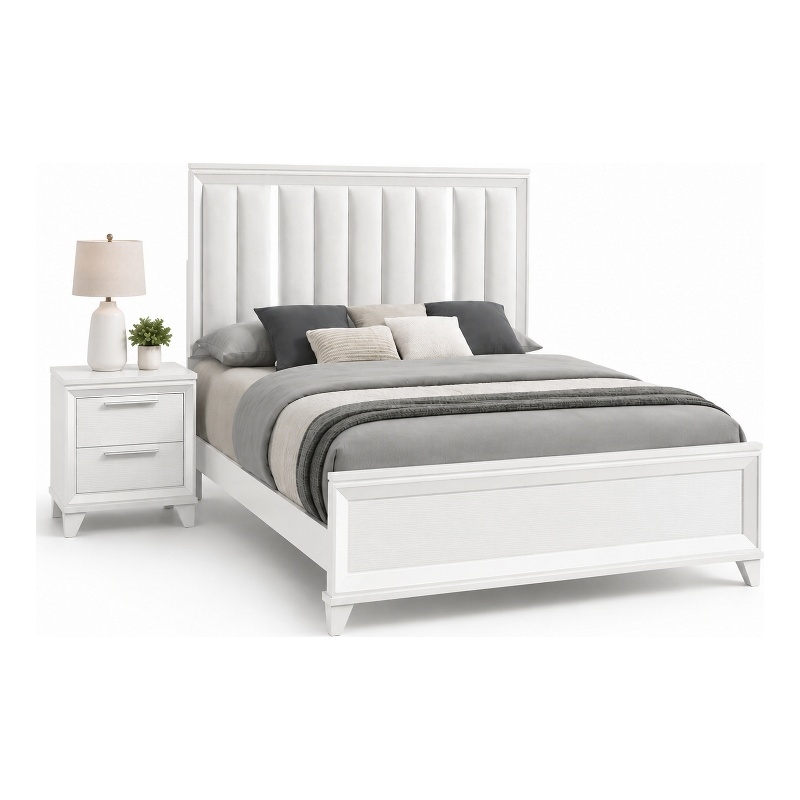 Queen Bedroom Set- White- Silver Wood- 2 Piece Set with Nightstand