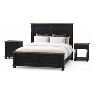 Queen Bedroom Set- Black- Oak Brown- Pewter Wood- 3 Piece Set with 2 Nightstands