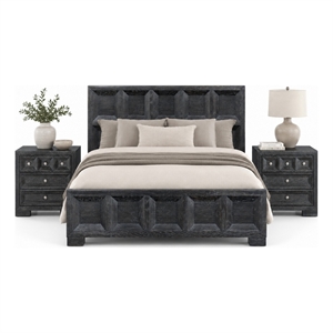 Queen Bedroom Set- Weathered Black Wood- 3 Piece Set with 2 Nightstands