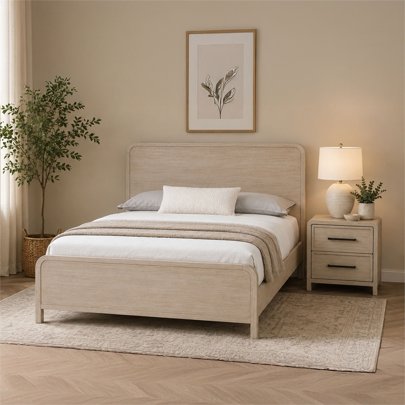 Queen Bedroom Set- Natural Oak Beige Brown Wood- 2 Piece Set with Nightstand