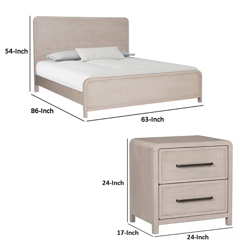 Queen Bedroom Set- Natural Oak Beige Brown Wood- 3 Piece Set with 2 Nightstands