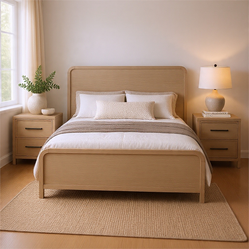 Queen Bedroom Set- Natural Oak Beige Brown Wood- 3 Piece Set with 2 Nightstands