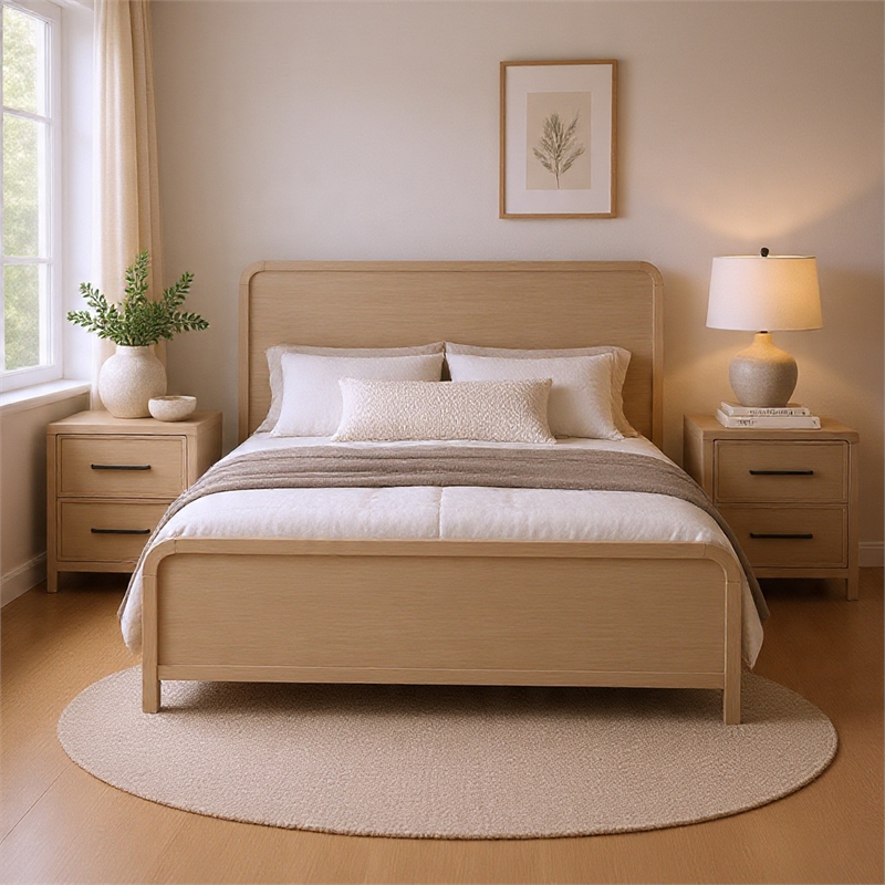 Queen Bedroom Set- Natural Oak Beige Brown Wood- 3 Piece Set with 2 Nightstands