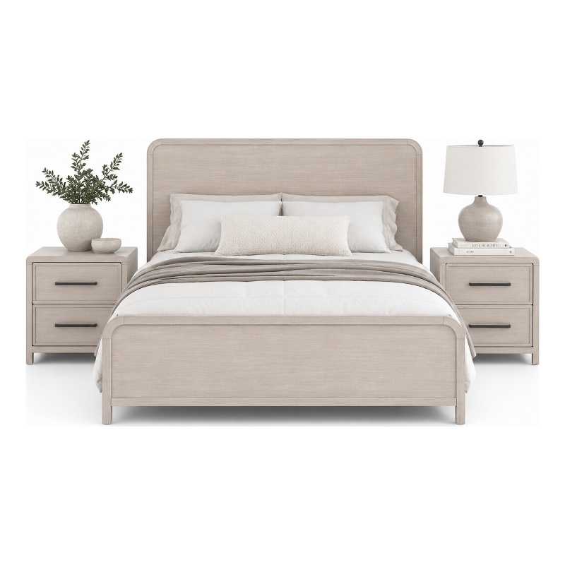 Queen Bedroom Set- Natural Oak Beige Brown Wood- 3 Piece Set with 2 Nightstands