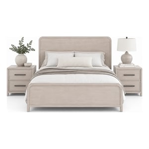 Queen Bedroom Set- Natural Oak Beige Brown Wood- 3 Piece Set with 2 Nightstands