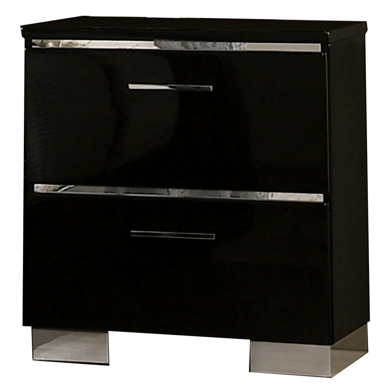Queen Bedroom Set- Black- Chrome Wood- 2 Piece Set with Nightstand