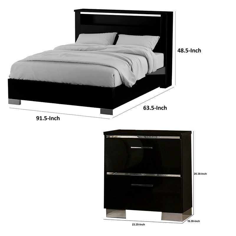 Queen Bedroom Set- Black- Chrome Wood- 2 Piece Set with Nightstand