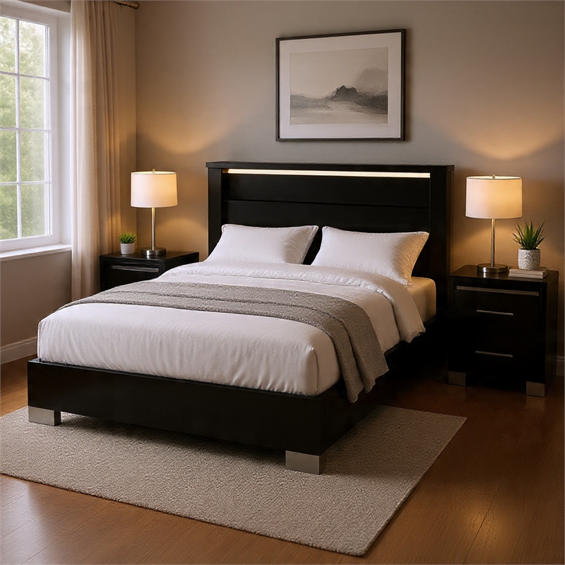 Queen Bedroom Set- Black- Chrome Wood- 2 Piece Set with Nightstand