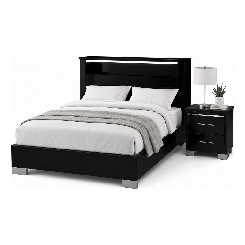 Queen Bedroom Set- Black- Chrome Wood- 2 Piece Set with Nightstand