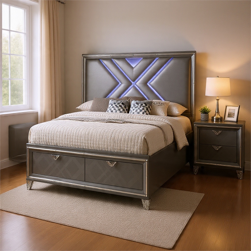 Queen Bedroom Set- Gray- Silver Wood- 2 Piece Set with Nightstand