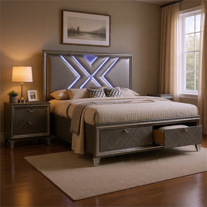 Queen Bedroom Set- Gray- Silver Wood- 2 Piece Set with Nightstand