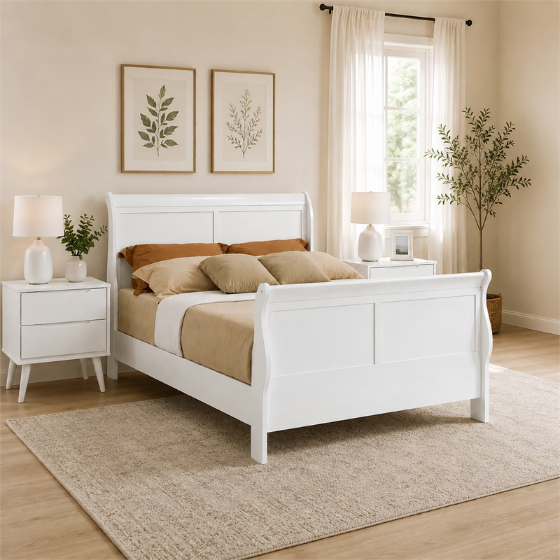 Queen Bedroom Set- White Wood- 3 Piece Set with 2 Nightstands