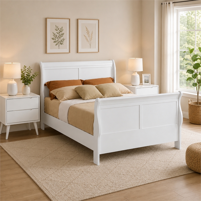 Queen Bedroom Set- White Wood- 3 Piece Set with 2 Nightstands