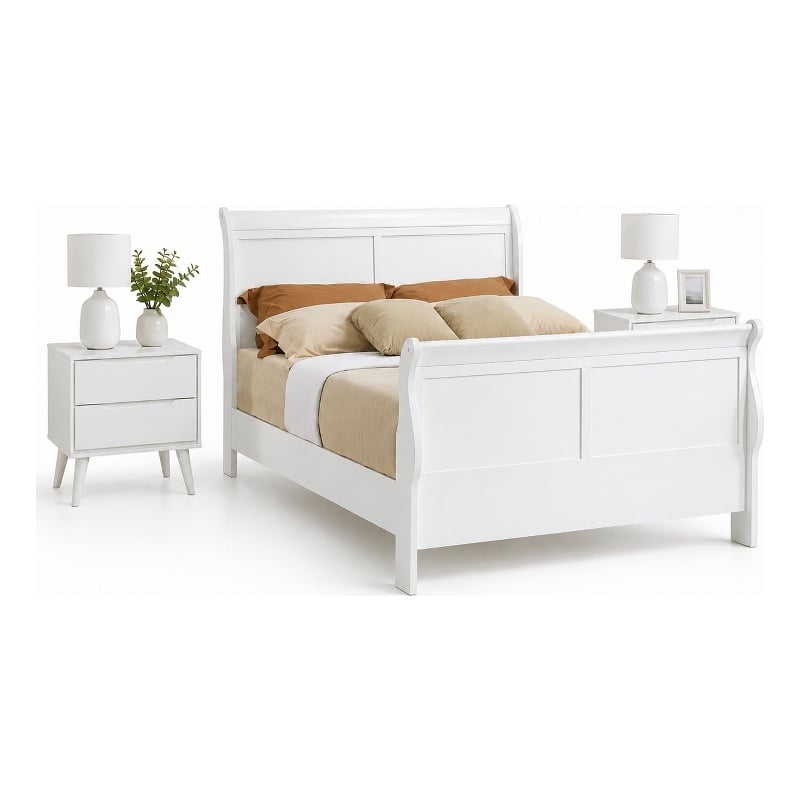 Queen Bedroom Set- White Wood- 3 Piece Set with 2 Nightstands
