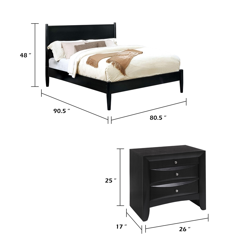 Queen Bedroom Set- Black Wood- 3 Piece Set with 2 Nightstands