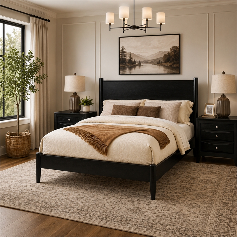 Queen Bedroom Set- Black Wood- 3 Piece Set with 2 Nightstands