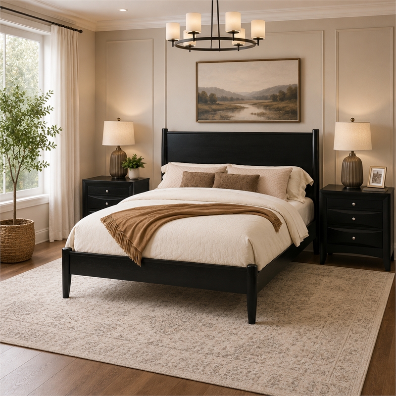 Queen Bedroom Set- Black Wood- 3 Piece Set with 2 Nightstands