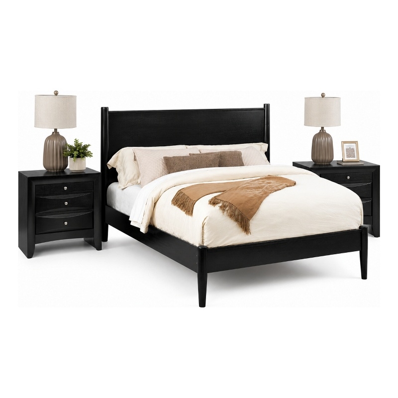 Queen Bedroom Set- Black Wood- 3 Piece Set with 2 Nightstands