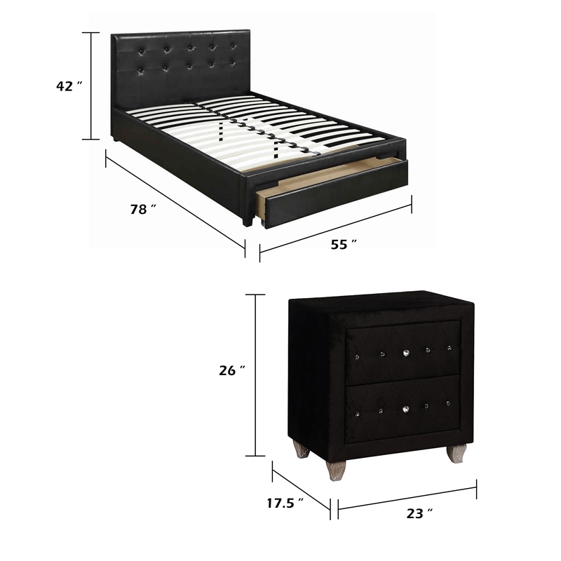 Queen Bedroom Set- Black Wood- 3 Piece Set with 2 Nightstands