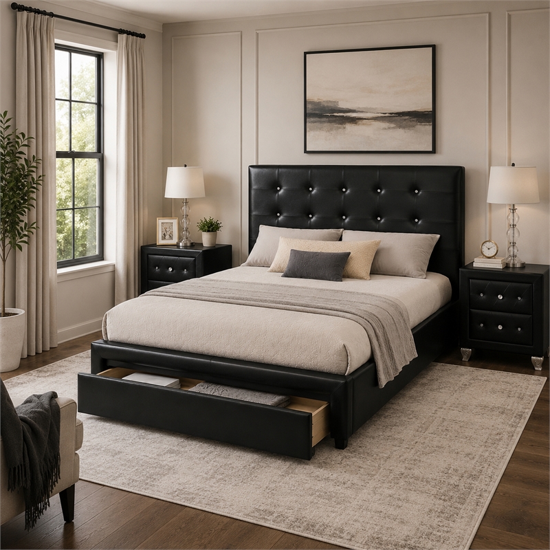 Queen Bedroom Set- Black Wood- 3 Piece Set with 2 Nightstands