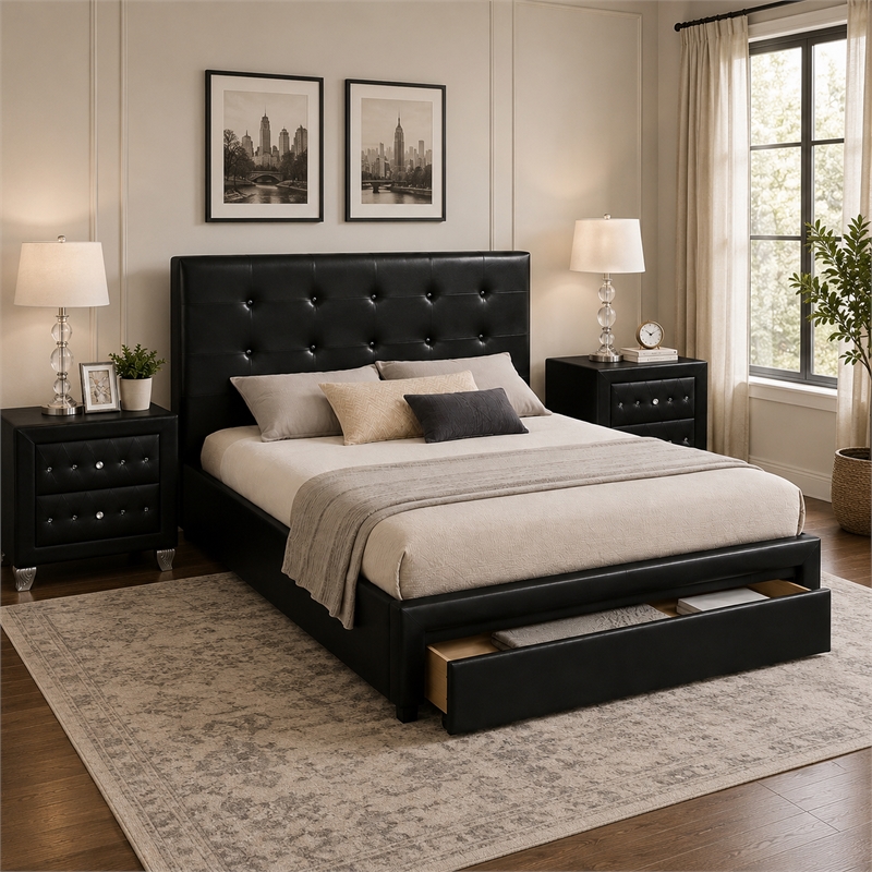 Queen Bedroom Set- Black Wood- 3 Piece Set with 2 Nightstands