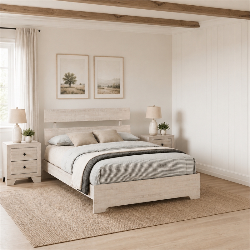 Queen Bedroom Set- White- Black Wood- 3 Piece Set with 2 Nightstands