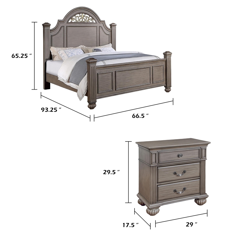 Queen Bedroom Set- Gray- Brass- Clear Wood- 2 Piece Set with Nightstand