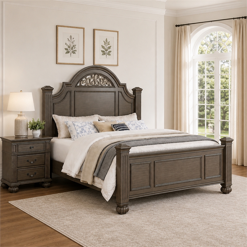 Queen Bedroom Set- Gray- Brass- Clear Wood- 2 Piece Set with Nightstand