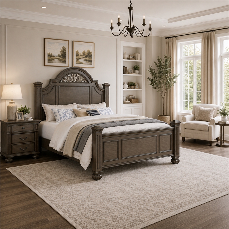 Queen Bedroom Set- Gray- Brass- Clear Wood- 2 Piece Set with Nightstand