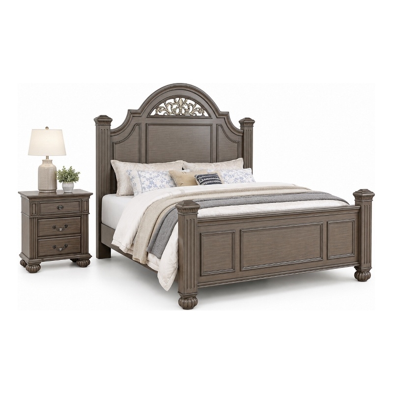 Queen Bedroom Set- Gray- Brass- Clear Wood- 2 Piece Set with Nightstand