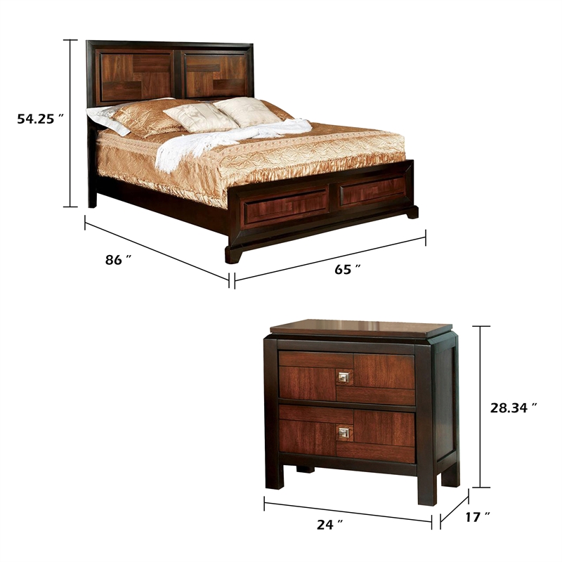 Queen Bedroom Set- Brown Wood- 2 Piece Set with Nightstand