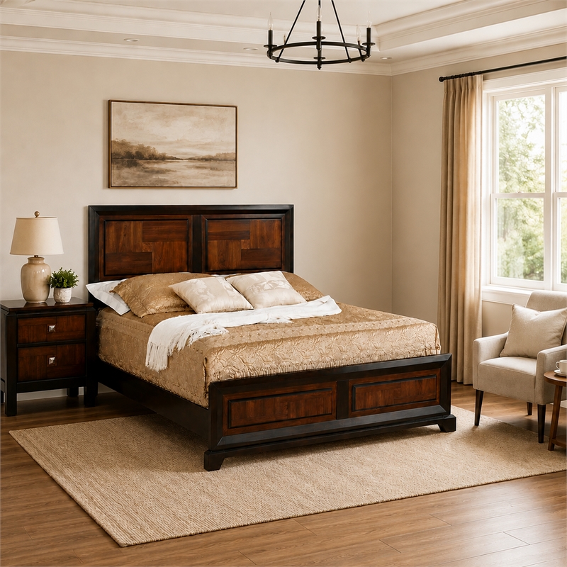 Queen Bedroom Set- Brown Wood- 2 Piece Set with Nightstand